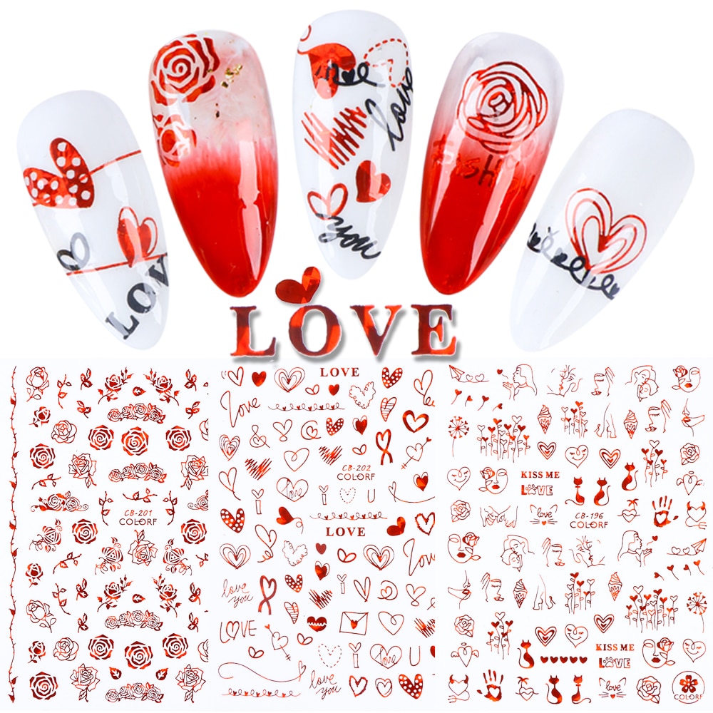 Pegatina romántica 3D en 3D para uñas, calcomanía con imágenes abstractas de rosas y corazones, deslizador de uñas Sexy para chica, decoración artística para uñas, LACB196-203-1, 1 Uds.