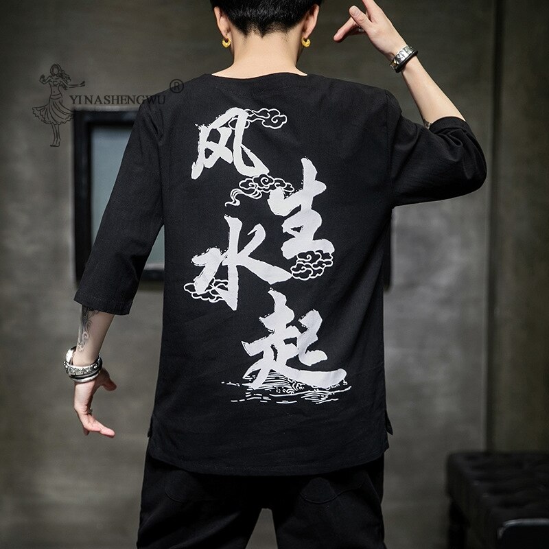 Japanska män kort halvärmad kimonoskjorta t-shirt broderad japan harajuku byxa asiatisk manlig yukata haori koftadräkt