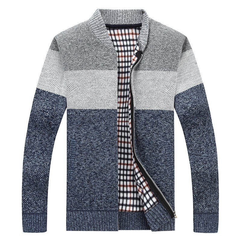 Herfst heren dikke sweaterjas gestreepte staande kraag rits trui jas bovenkleding winter fleece kasjmier voering truien