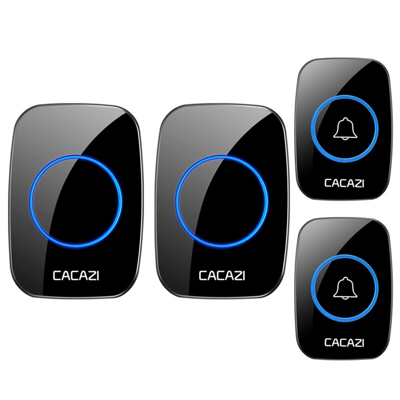 CACAZI 5 levels 36 Chimes 110DB 300M Remote Wireless Doorbell Waterproof LED Light Door Bell Battery powered Smart Door Bell: black 2TR x 2RE