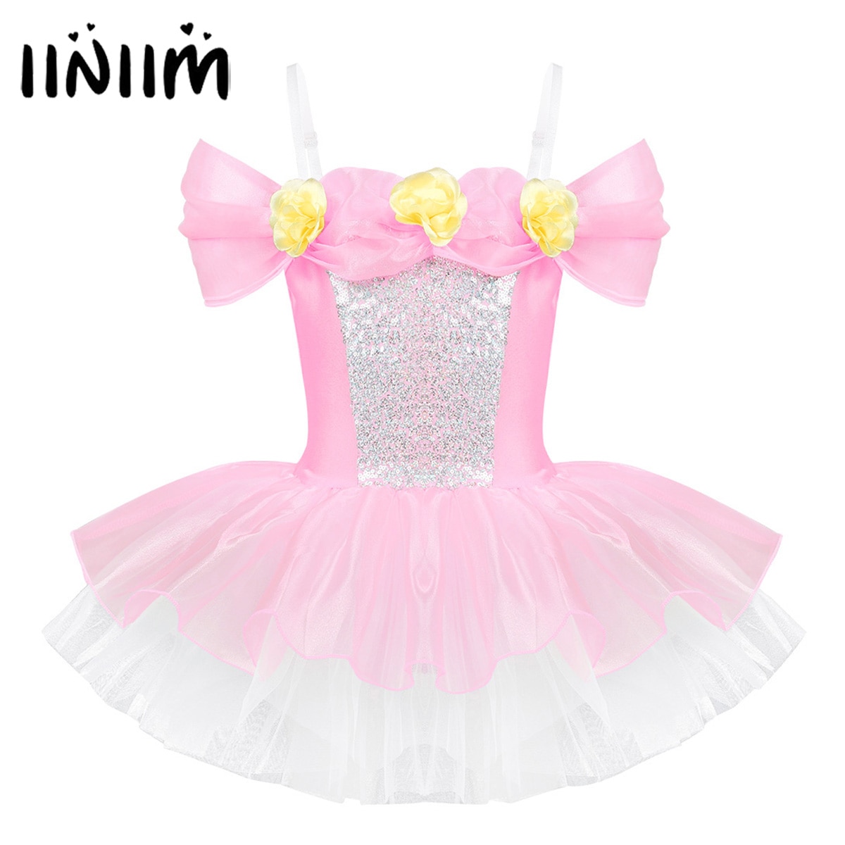 Iiniim-ballerine pour enfants, bretelles épaules dénudées, fleurs 3D, Ballet, danse, gymnastique, justaucorps, robe Tutu