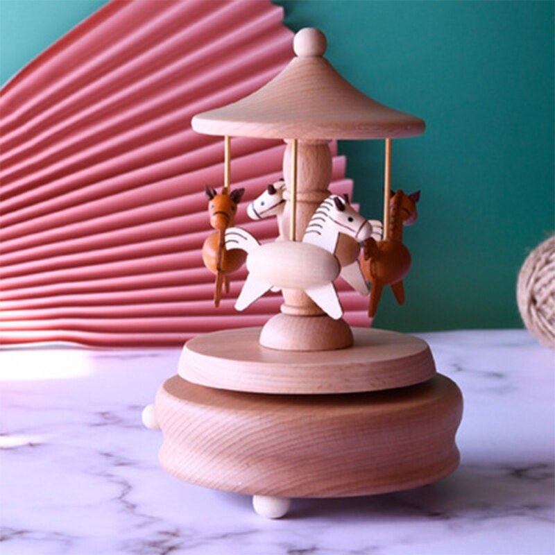 Romantic Carousel Wooden Music Box Rotating Handcraft Collection Home Decorations Christmas Valentine's Birthday Toys J60C