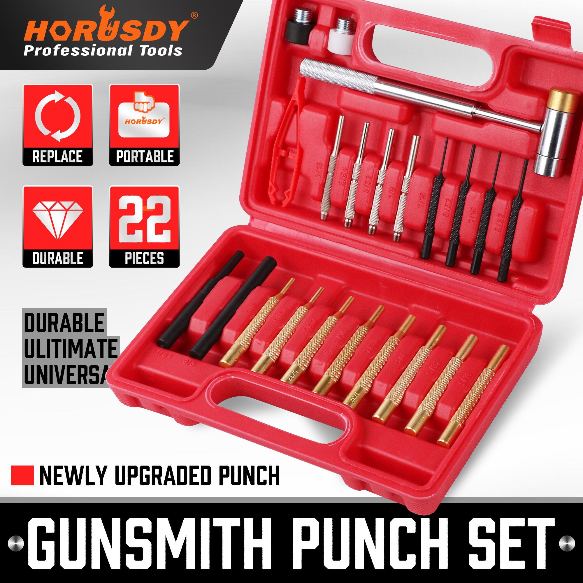 HORUSDY 22PC Hammer &amp; Punch Set Brass Steel Plastic Punches Gunsmithing Maintenance Case