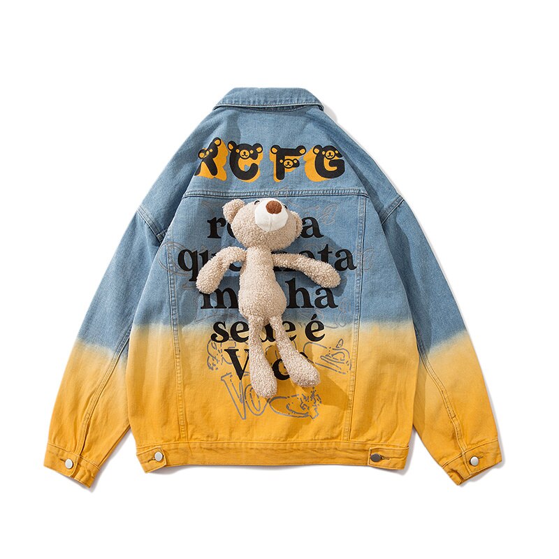Gradient blå denim jakker streetwear vasket hiphop efterår mænd vintage punk rock farve blok mandlig knap oversize jakke
