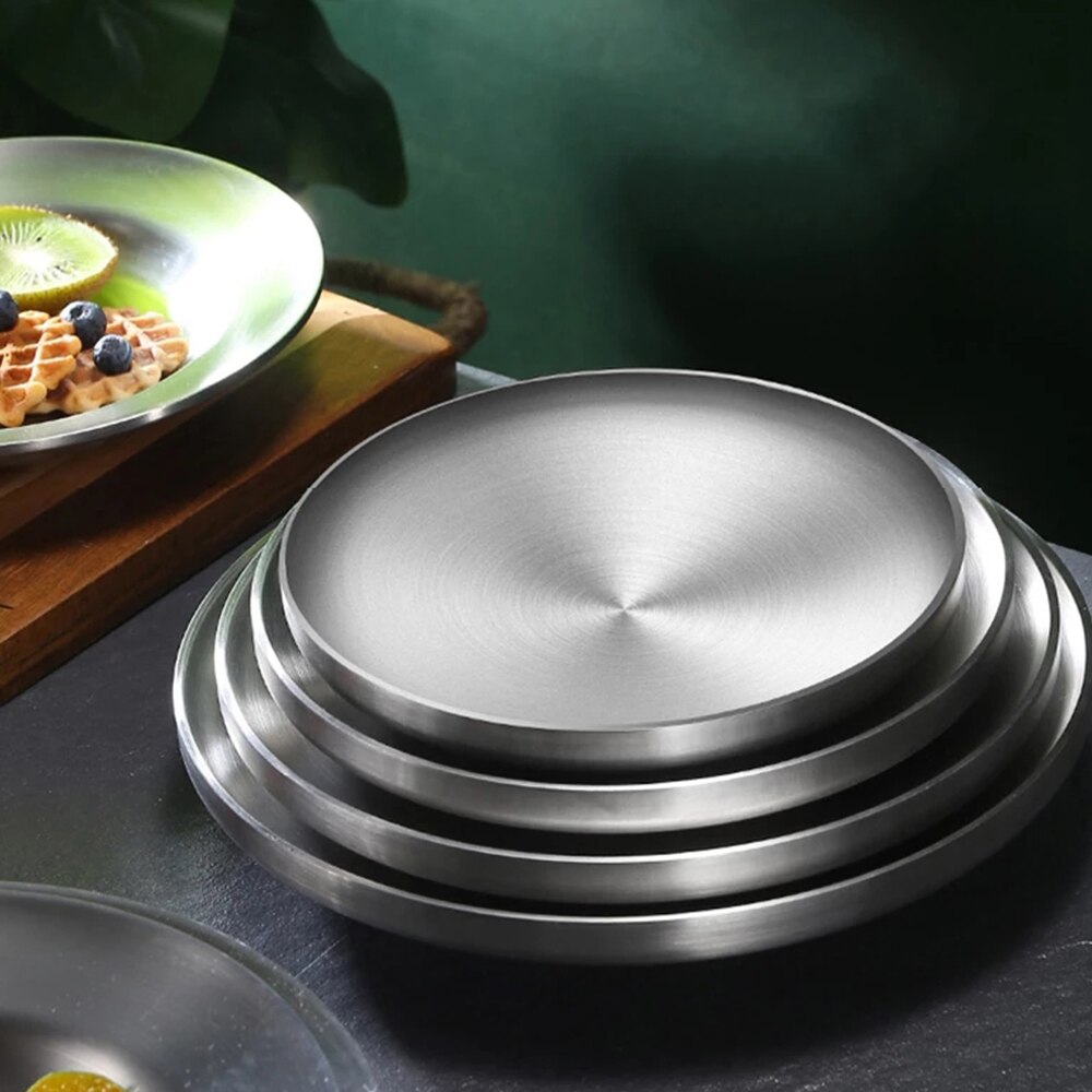 Stainless Steel Round Plate Double-Walled Insulated Dinner Plate Non Stick Pizza Plate Western Restaurant Dish Shallow Cake