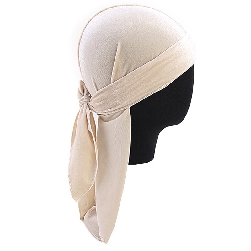 Women Breathable Velvet Turban Hat Durag Wigs Doo Headwrap Long Tail Pirate Caps Solid Color Women Hair Accessories: Beige