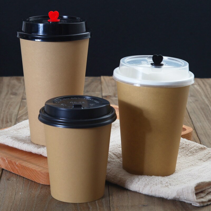 Taza de café desechable gruesa de una sola capa de papel Kraft, 8oz/12oz/16 leche onzas, vasos de embalaje para llevar Zumo de té con tapa, 50 Uds.