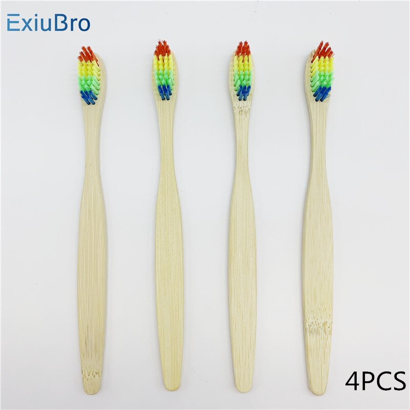 ExiuBro Rainbow Bristle Vegan Free Bamboo Toothbrush Flat Handle Biodegradable Bamboo Tooth brush Eco friendly Bamboo Handle: 4PCS Toothbrush