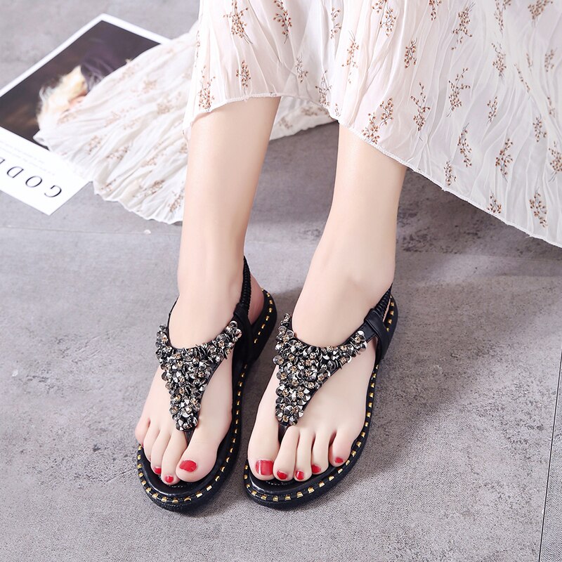 Fujin Brand Summer Style Bling Sequin Peep Toe Women Shoes Sandal Flat Shoes Female Summer Flat Thong Toe Cool Shoes