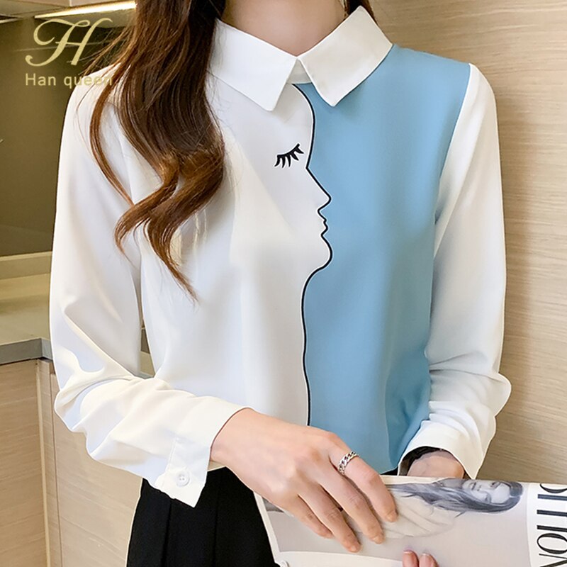 H han queen blusas com costura vintage, blusas femininas elegantes coreanas camisa de escritório manga comprida camisa para mulheres blusa de chiffon