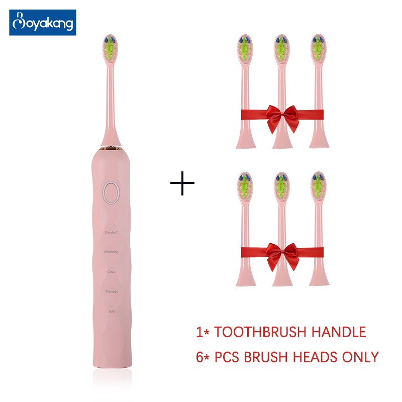 Boyakang Ultrasonic Vibration Electric Toothbrush 5 Modes Smart Timing IPX8 Waterproof Dupont Bristles USB Charging BYK27: Pink