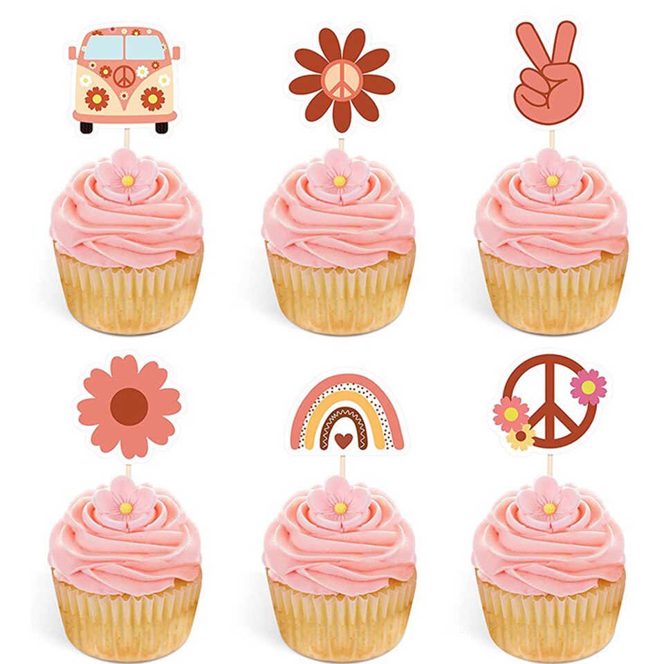 12pcs Bohemian Flower School Bus Cake Topper Muffin Cupcake Paper Toppers for Wedding Birthday Bohemian Rainbow Party Decoration