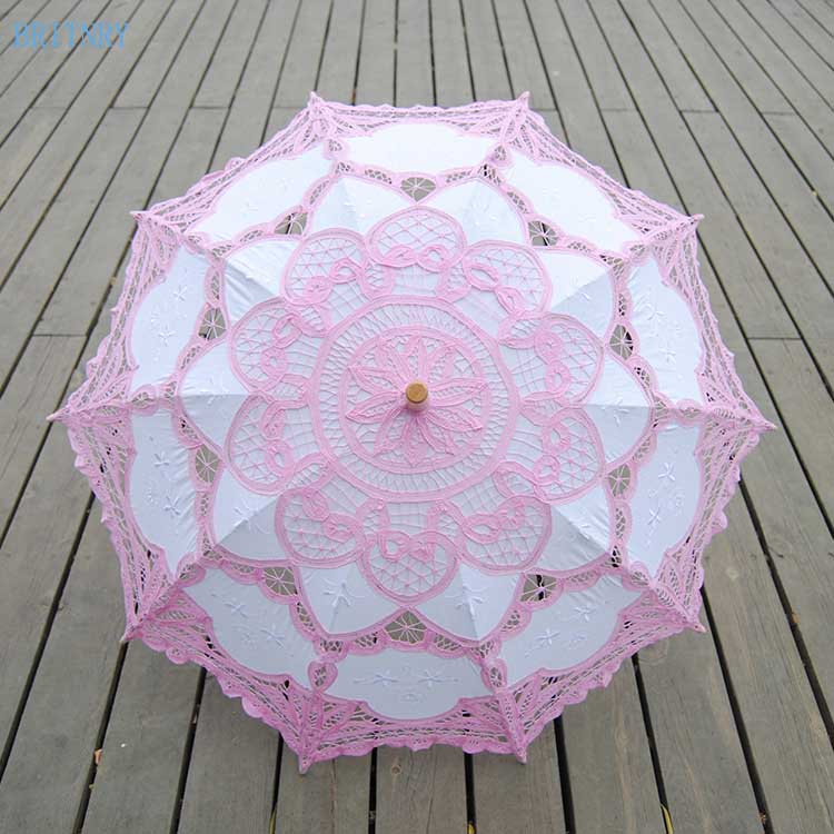 BRITNRY Mode Handgemaakte Parasol Katoenen Bruiloft Paraplu Kant Borduurwerk Roze met Witte Paraplu Bruiloft Accessoires