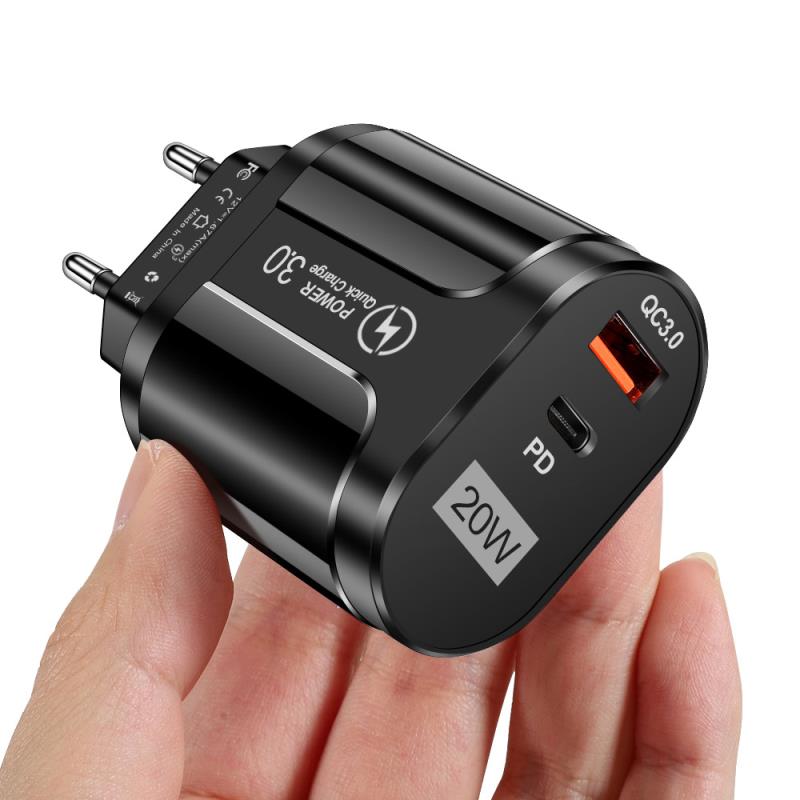 Fast Charging 20W PD Charger QC3.0 for iPhone Android Mobile Phone USB Charger USB-A+Type-c Dual Ports Phone Charger PD Charger: Black EU