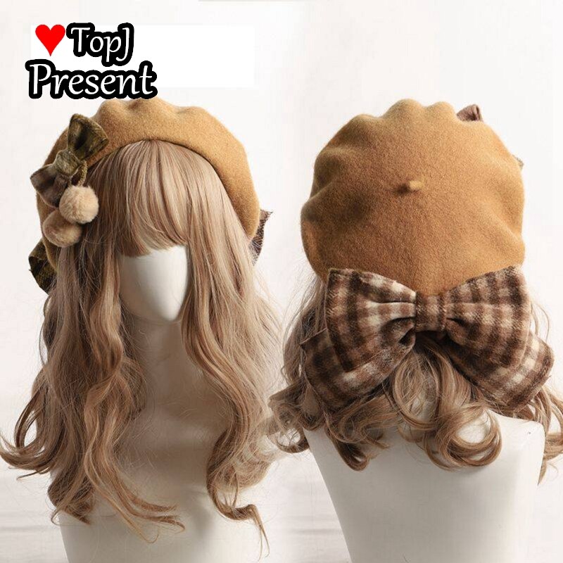 Japanse Kawaii Baret Hoed Lolita Tiener Hart Zoete Wollen Handgemaakte Cute Lace Strik Warme Herfst Winter Schilder Hoed Hoofdtooi: Khaki