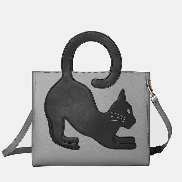 Sac à main femme motif chat sac à bandoulière femme queue de chat sac à main à motifs sac à bandoulière en cuir PU sac messager à fermeture éclair porte-documents: gray
