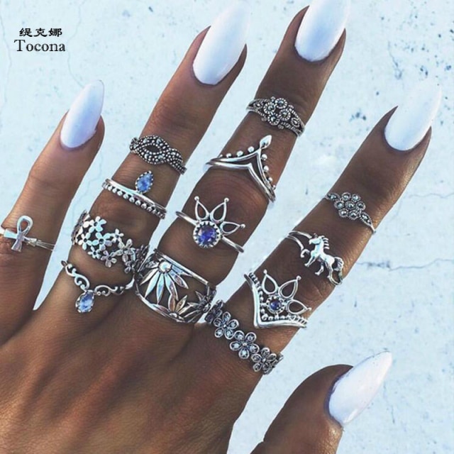 Tocona 13 Stks/set Bohemen Antiek Zilver Kleur Kroon Bloem Eenhoorn Gesneden Ringen Sets Knuckle Ringen Voor Vrouwen Sieraden 4841: Silver