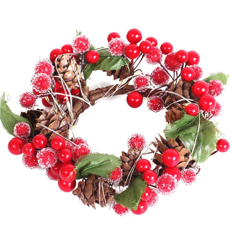 Christmas Decorative Wreath With LED String Light Artificial Berries And Pine Cone Garland For Front Door Window Wall Decor: Default Title