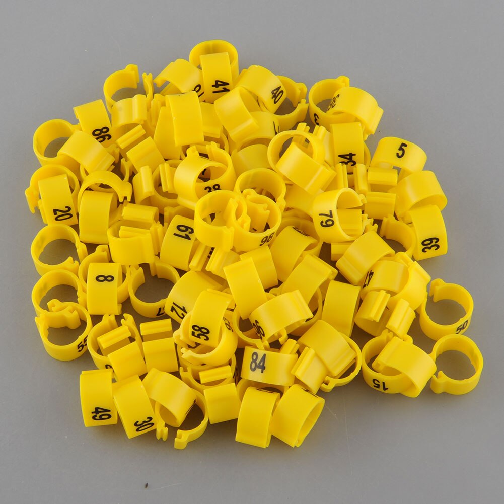 100Pcs 10.5mm Poultry Leg Bands Bird Pigeon Parrot Duck Hen Rings Clip 1-100 Numbered Poultry Leg Rings 10 Colors Pet Product: yellow