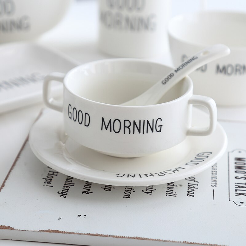 Nordic breakfast plate good morning alphabet coffee cup dessert bowl set mugs ceramic spoon salad bowl mixing bowl soup bowls