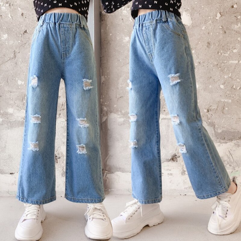 Girls Jeans Ripped Holes Children&#39;s Pants Soft Denim Pants Cotton Trousers Wide Straight-leg pants Jeans Kids Girls Jeans