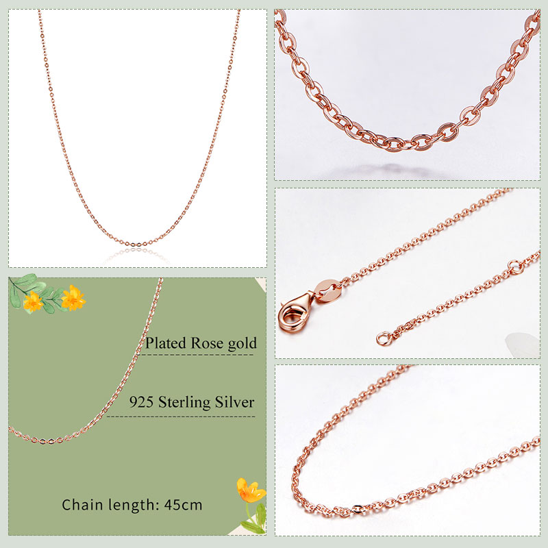 BAMOER Rose Gold Color 925 Sterling Silver Necklace Chain Lobster Clasp Simple Chain Necklace Basic Jewelry 45cm