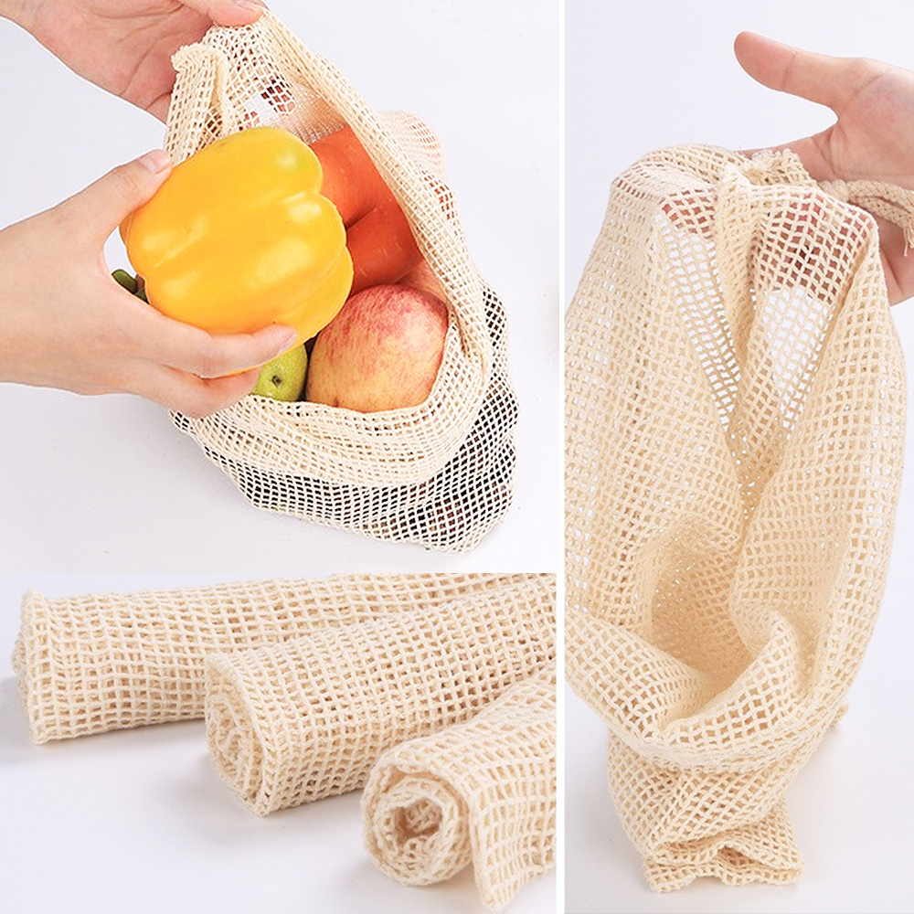 3pcs Cotton Mesh Vegetable Fruit Bags Reusable Mesh Shopping Bag Storage Bag Kitchen Fruit Vegetable with Drawstring