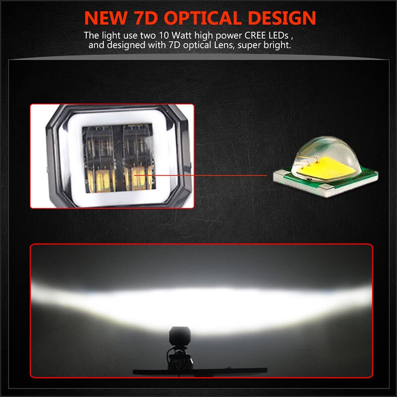 Luz led de trabajo redonda y cuadrada, barra de luces antiniebla de Ojos de Ángel de 3 pulgadas, 12V y 24V, focos para coche, motocicleta, camión todoterreno