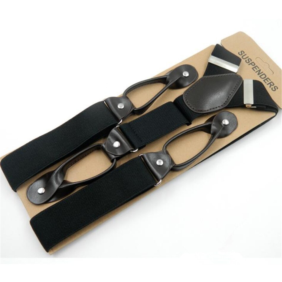 Button Khaki Suspenders Wide Men&#39;S Braces Leather Vintage Pants Strap Belt For Trouser Solid Navy Gray Burgundy Brown 120*3.5cm: black