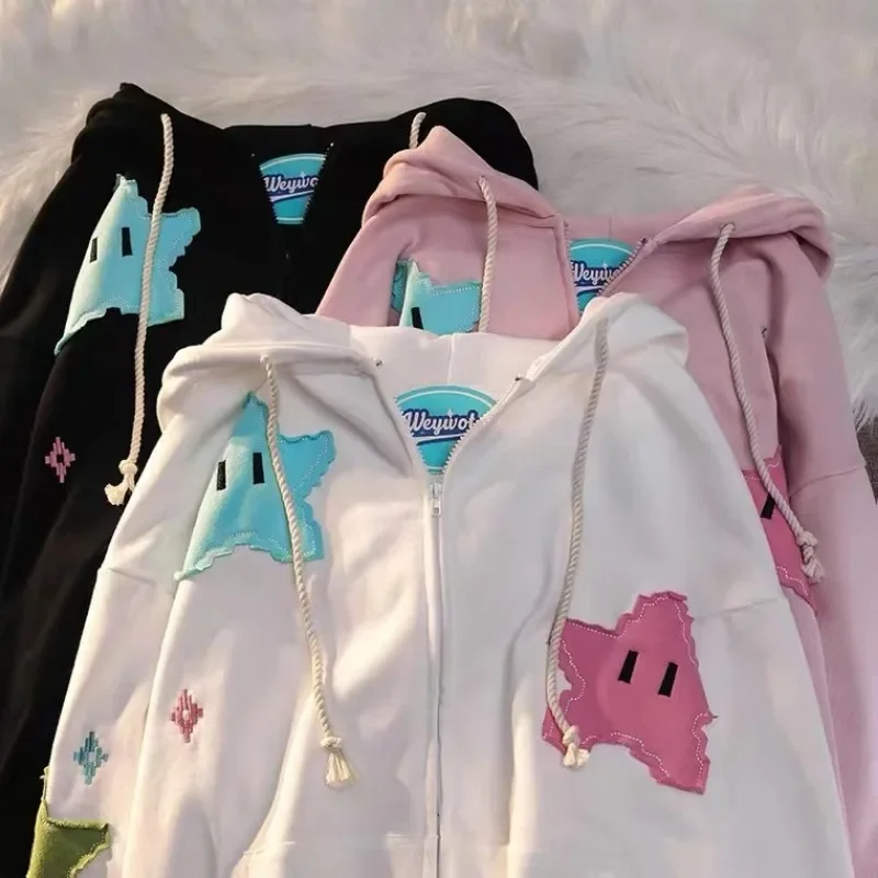 Y2k casaco de grandes dimensões masculino personalidade impressão moletom com capuz feminino moda punk harajuku casal zip up hoodie topos roupas kawaii