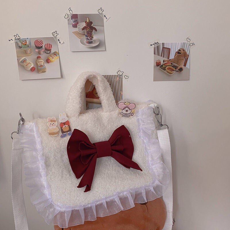 Japanischen y2k bogen frauen schulter tasche Harajuku Kawaii plüsch spitze eins neue leinwand Ulzzang perle kette frauen umhängetasche shpper tasche