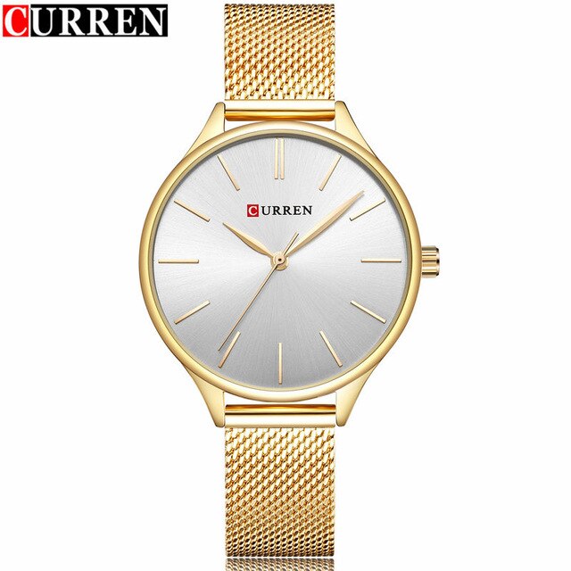 Curren Horloges Vrouwen Top Luxe Zilver Quartz Horloge Roestvrij Stalen Armband Horloges Dames Klok Relojes Mujer: gold white