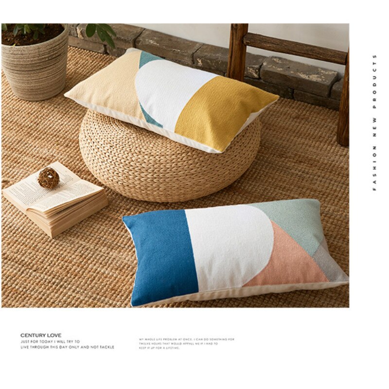 DUNXDECO Kussenhoes Taille Decoratieve Kussensloop Abstracte Artistieke Eenvoudige Geometrische Katoenen Draad Borduurwerk Beddengoed Coussin