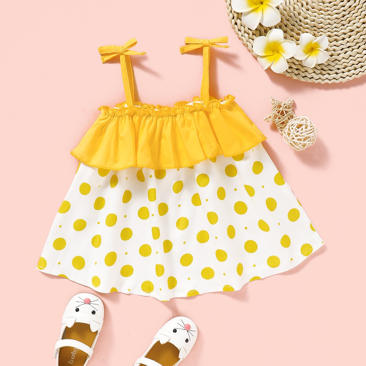 Vestiti del bambino della ragazza 6-9 mesi puntini gialli senza maniche gilet increspature camicia superiore spedizione gratuita ragazza del bambino abiti estivi abbigliamento