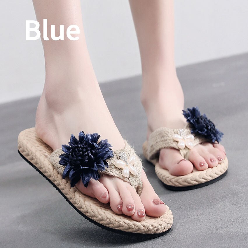 Bimuduiyu kvinder hør hjemmesko sandaler sommer behagelige skridsikre damer hjem flip flop åben tå flade sko strand hjemmesko dame: Blå / 8.5