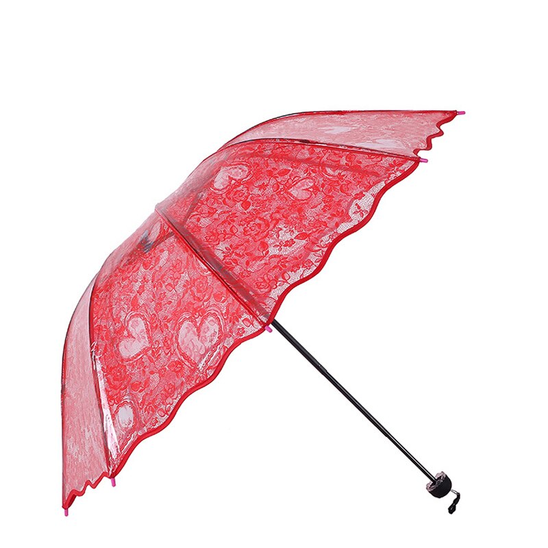 Parapluie de princesse Transparent en dentelle, épais, trois plis, romantique, imprimé coeur rouge, en PVC, pour les amoureux des filles, directe