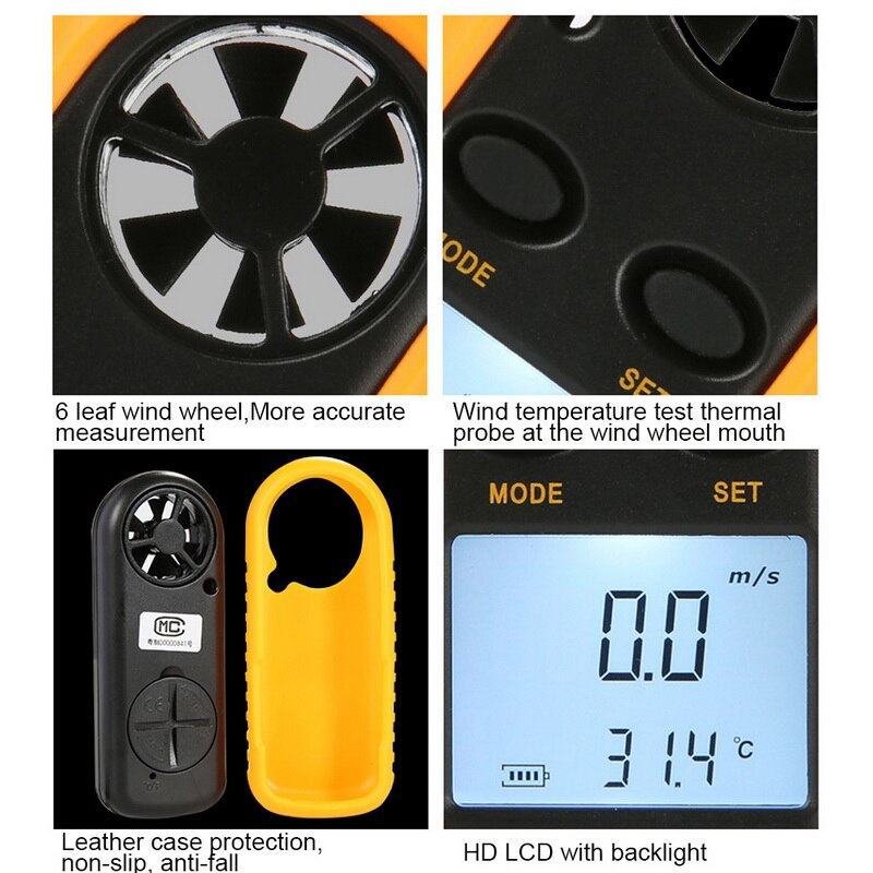 1 stuks digitale anemometer handthermometer anemometer windsnelheidsmeter voor het meten van windsnelheid en temperatuur