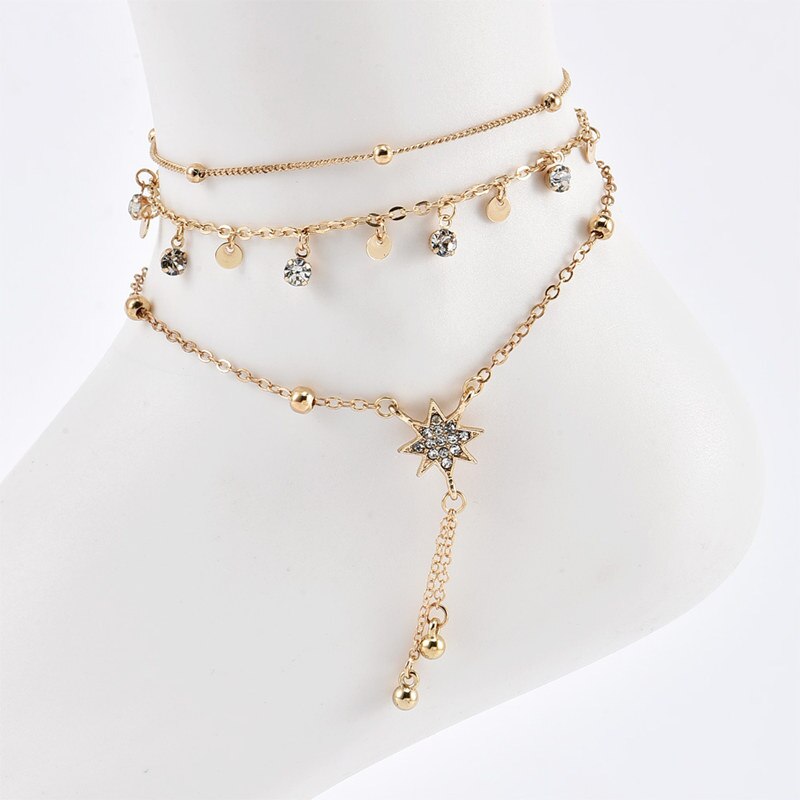 3 Pcs/Set Gold Crystal Sequins Star Beads Anklets for Women Bracelet on The Leg Foot Beach Jewelry Accessories