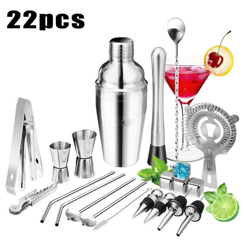 22 Stks/set Rvs Cocktail Shaker Set Drankjes Zeef Flesopener Maker Mixer Lepel Meet Cup Bar Beginner Tool Kit