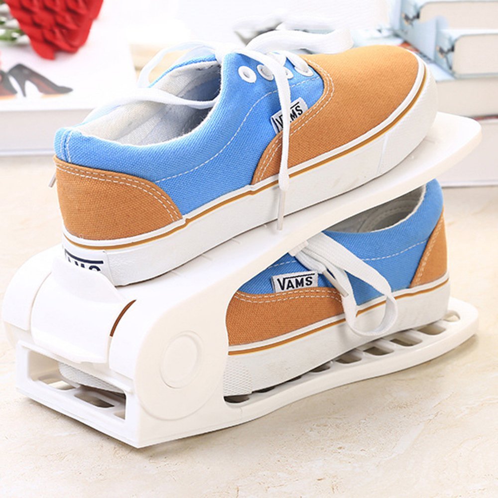 Adjustable Shoe Storage Space Rack Saver Organizer - 2 Pack (White) the Living Room and Bathroom Utility Rack