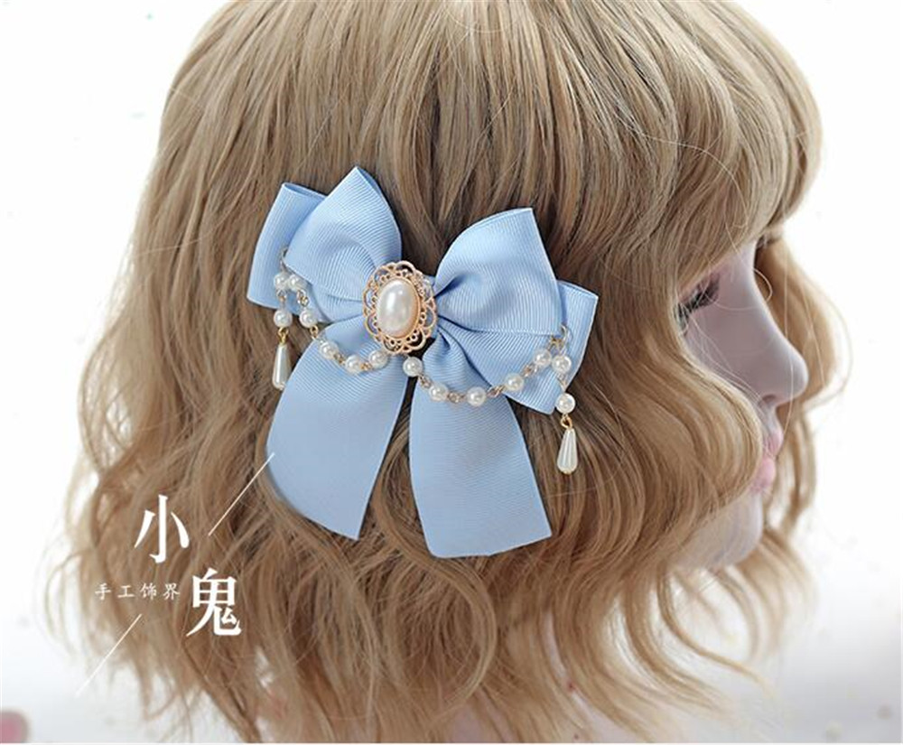 Lolita-épingle à cheveux en chaîne en perles pour femmes, accessoires pour cheveux, Cosplay, avec nœud papillon, Kawaii, accessoires pour cheveux, pince latérale B500: light blue