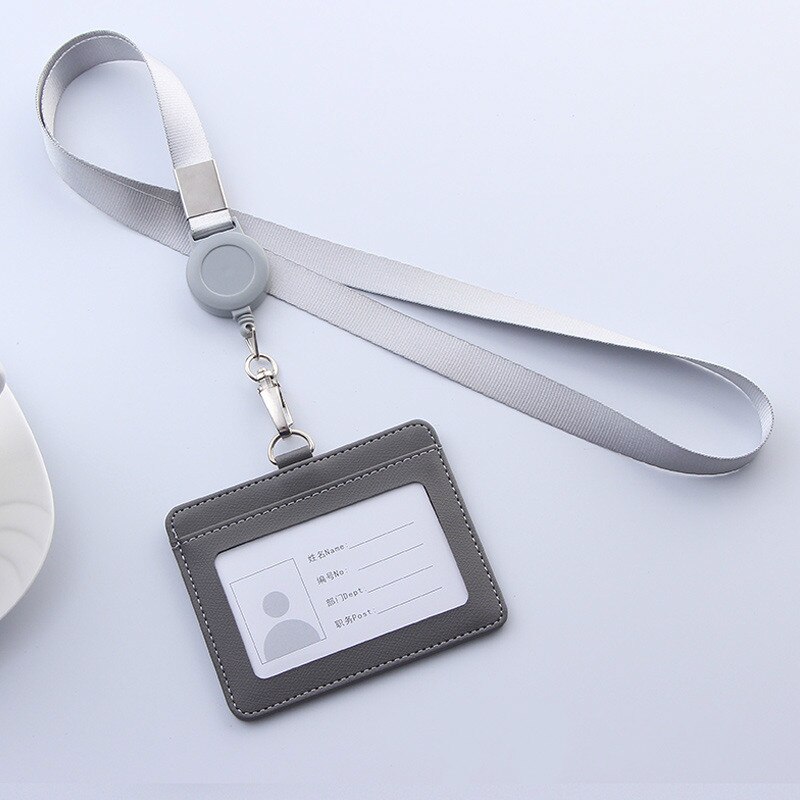 PU Leather Lanyard retractable badge holder ID card holder school lanyards id badge holder horizontal badge holder transparent: gray-Horizontal
