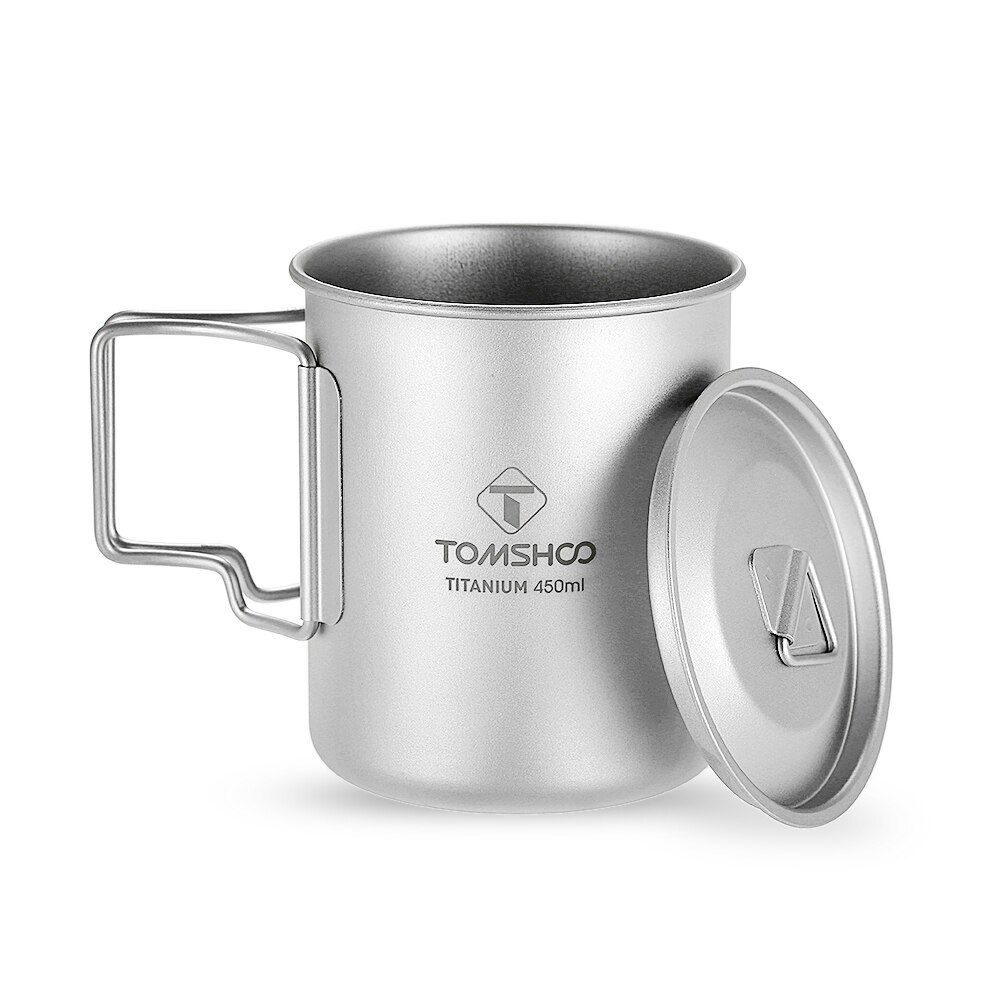 TOMSHOO 450ml açık titanyum bardak taşınabilir su bardağı Ultralight kamp piknik seyahat kapaklı kupa katlanabilir kolu Drinkware