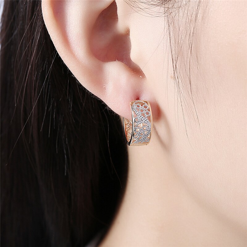 Aglover 100% S925 Sterling Zilveren Patroon Hollow 18K Goud Zirkoon Oorbellen Voor Mode Vrouw Engagement Party Sieraden
