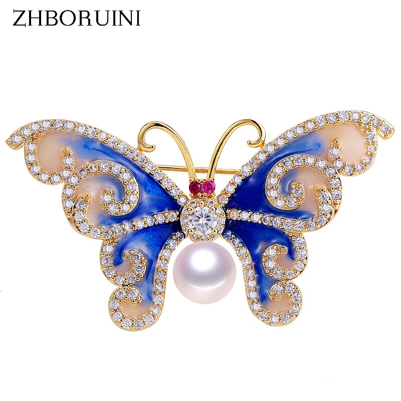 ZHBORUINI Natürliche Süßwasser Perle Brosche Gericht Stil Vintage Emaille Schmetterling Brosche Perle Schmuck Für Frauen Nicht Verblassen