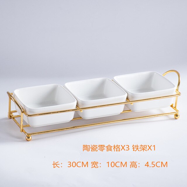 Ceramic Food Tray Dessert Serving Cake Trays Decorative with Iron Stand Kitchen Grid Nut Snack Candy Organized Decoration Trays: white3