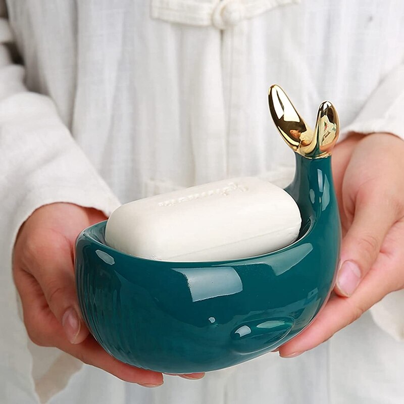 Jabonera de cerámica en forma de ballena con barra de drenaje, caja de jabón de cerámica con anillo de cola de pez para ducha de baño, caja de jabón con marco