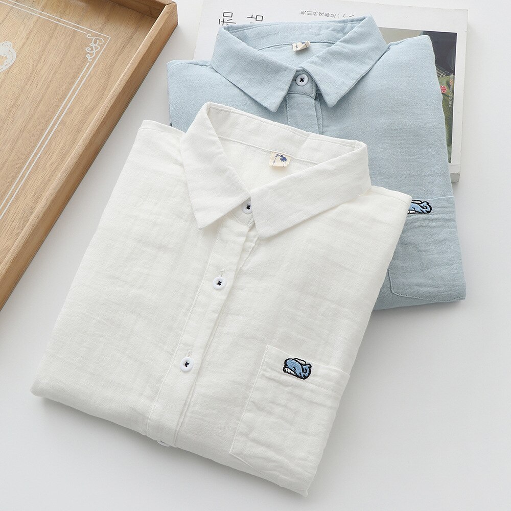 H.sa kvinner hvit bluse og skjorter våren ren bomull hvite topper hval broderi langermet vårskjorte casual topper