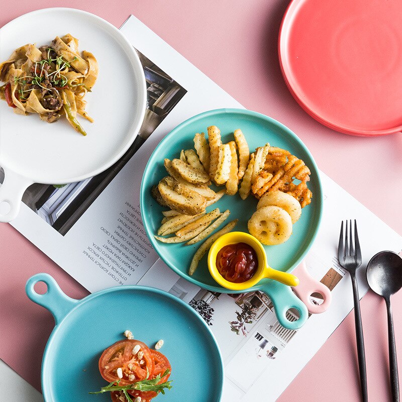 Ceramic Handle Baking Pan Pizza Baking Plate Western Steak Tray Dessert Tray Microwave Oven Flat Plate Kitchen Decor Dinnerware