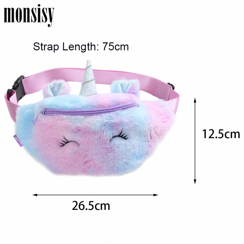 Monsisy Children Belt Bag For Girl Unicorn Fanny Pack Kid Waist Bag Winter Faux Fur Travel Phone Chest Bag Wallet Christmas